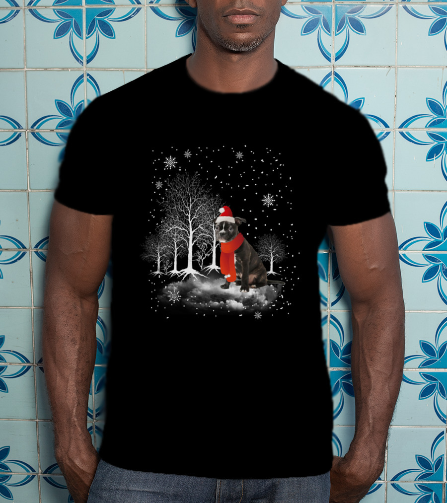 Boston Terrier In Snowy Winter Wonderland With Santa Hat And Scarf T-Shirt