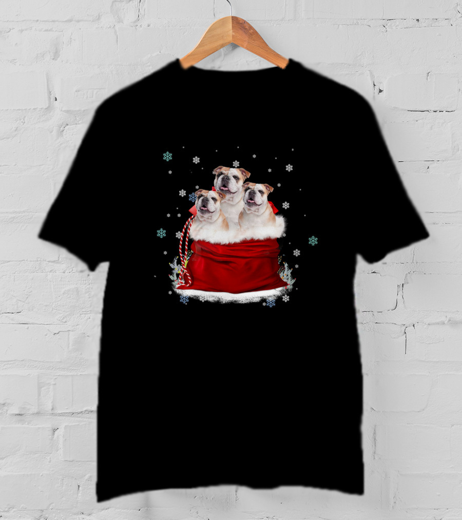 Bulldog Trio Christmas Sack Snowflakes Holiday T-Shirt