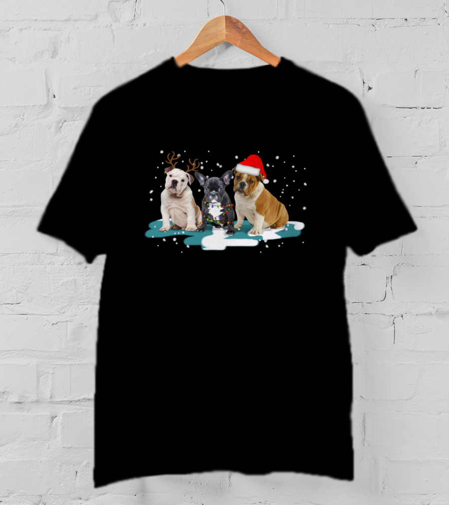 Bulldog Christmas With Reindeer Antlers And Santa Hat For Dog Lovers T-Shirt