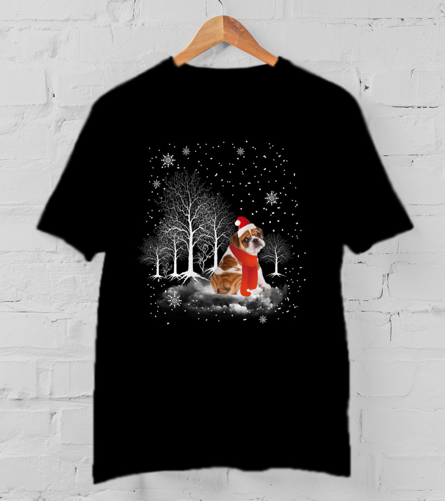Bulldog In Snowy Forest With Santa Hat And Scarf Amidst Falling Snowflakes T-Shirt
