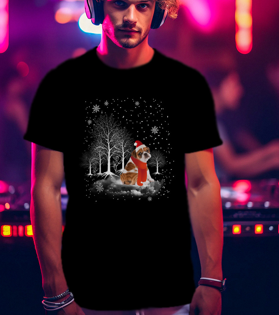 Bulldog In Snowy Forest With Santa Hat And Scarf Amidst Falling Snowflakes T-Shirt