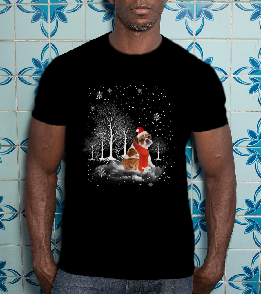 Bulldog In Snowy Forest With Santa Hat And Scarf Amidst Falling Snowflakes T-Shirt