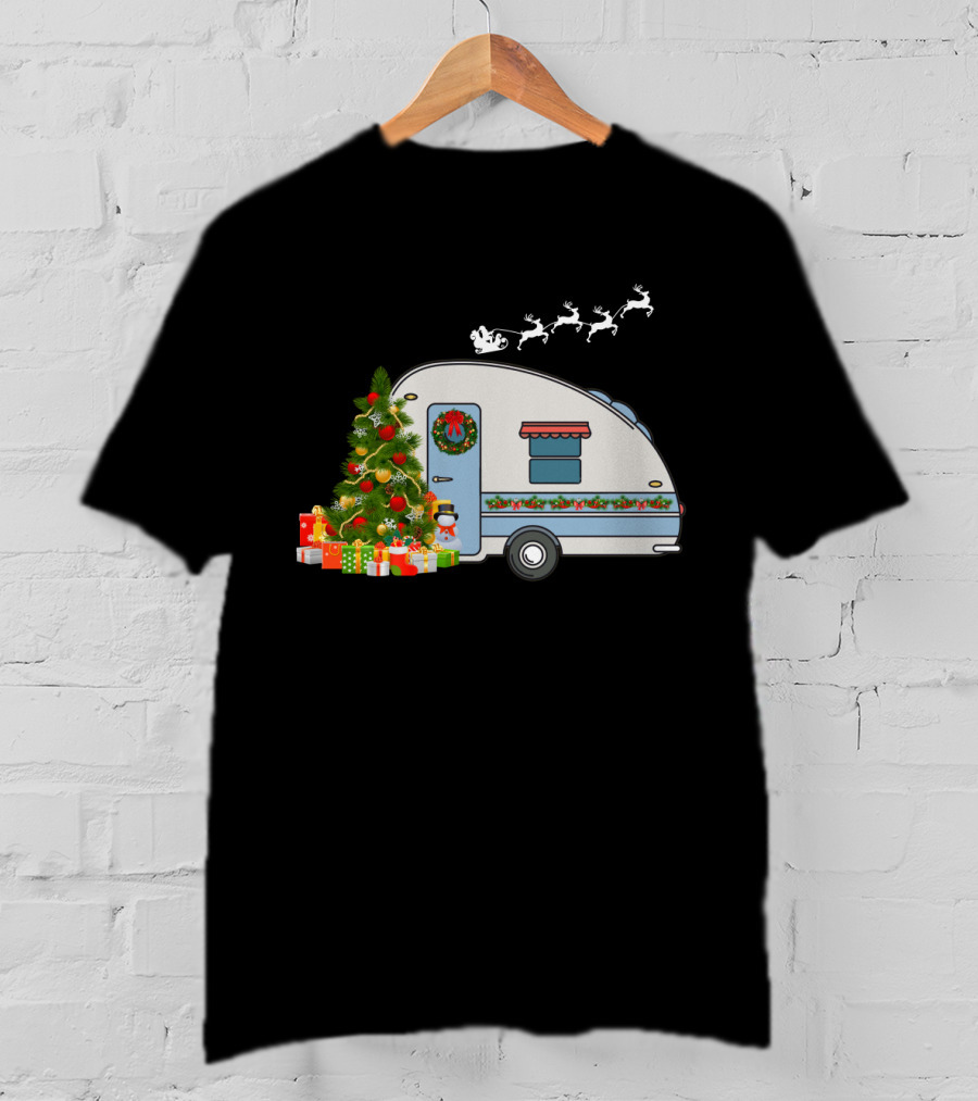 Camper Van With Christmas Tree, Snowman, Presents, And Santa Sleigh T-Shirt