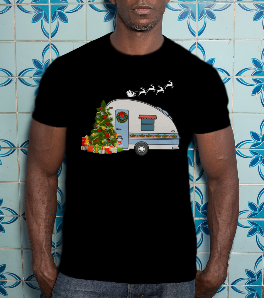 Camper Van With Christmas Tree, Snowman, Presents, And Santa Sleigh T-Shirt
