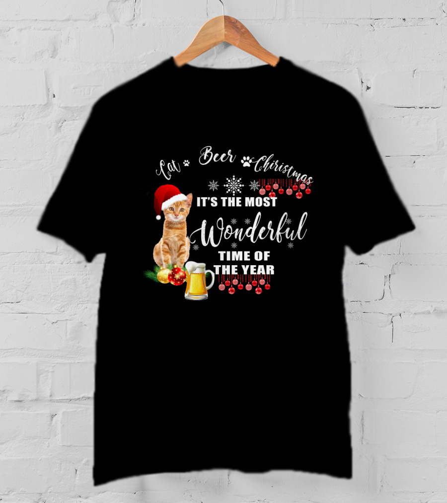 Cat Beer Christmas It's The Most Wonderful Time Of The Year Snowflakes Santa Hat T-Shirt