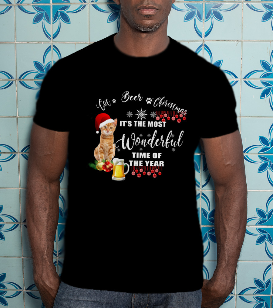 Cat Beer Christmas It's The Most Wonderful Time Of The Year Snowflakes Santa Hat T-Shirt