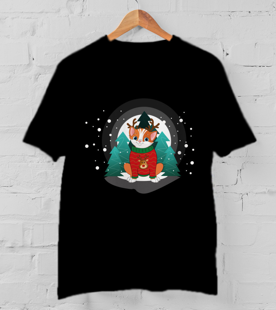 Cat Terrier Christmas Sweater With Snowy Trees And Reindeer Antlers T-Shirt