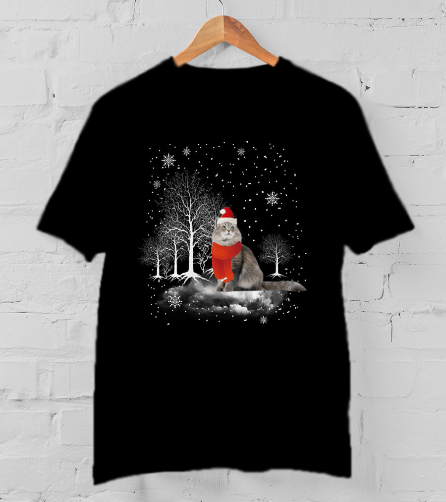 Cat In Snowy Winter Scene With Red Santa Hat And Scarf T-Shirt