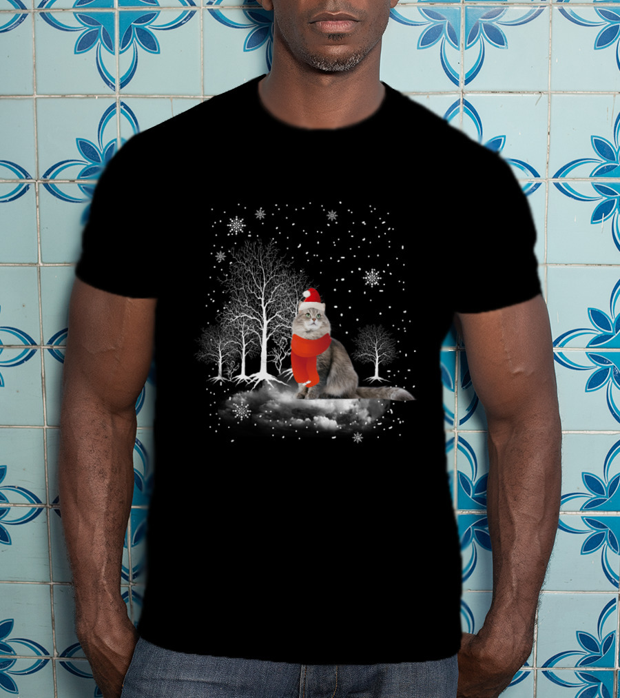 Cat In Snowy Winter Scene With Red Santa Hat And Scarf T-Shirt