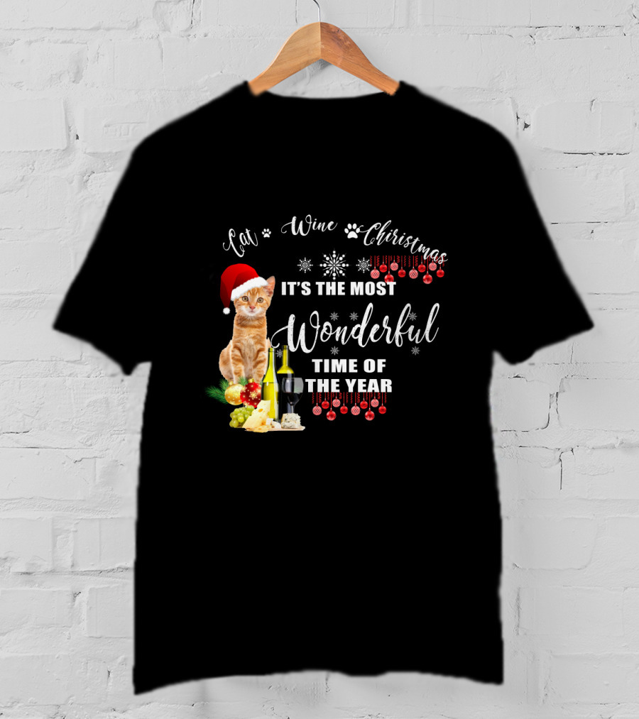 Cat Wine Christmas It's The Most Wonderful Time Of The Year T-Shirt