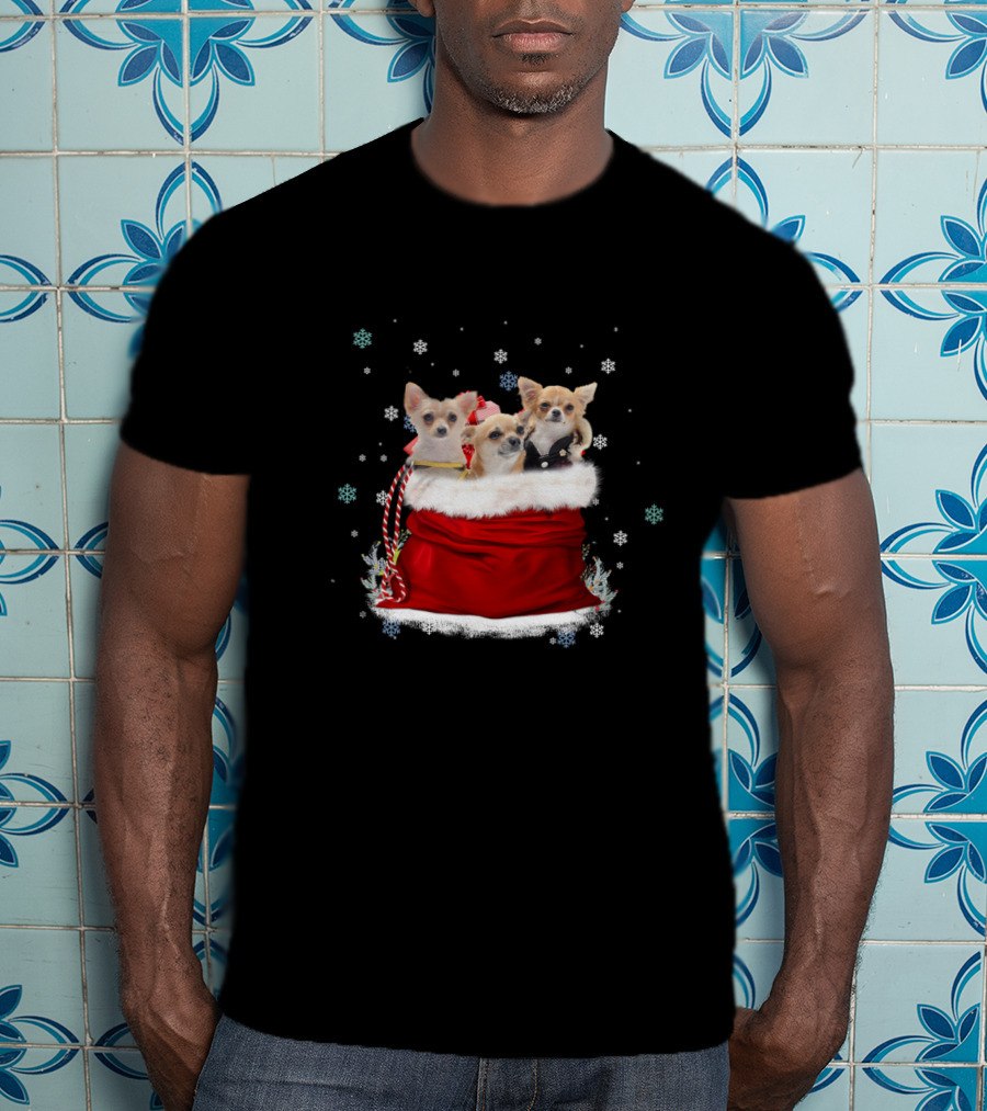 Chihuahua Christmas Trio In Festive Red Santa Bag With Snowflakes T-Shirt