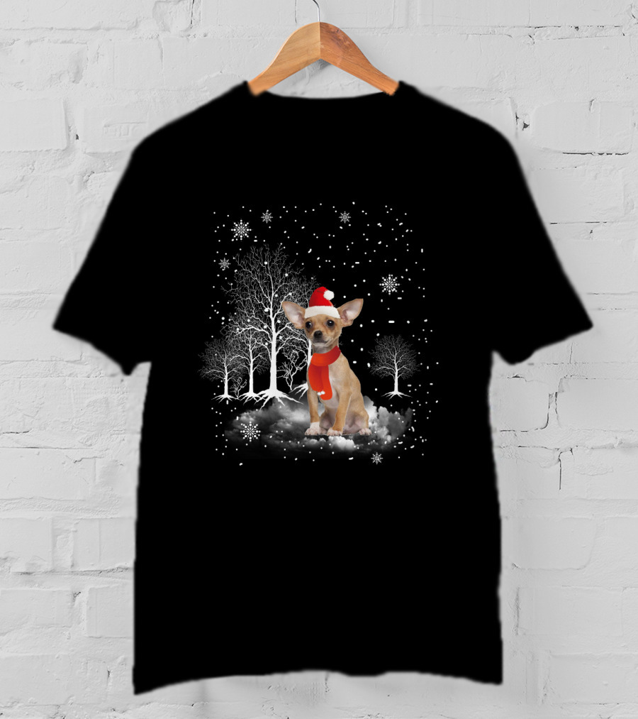 Chihuahua In Santa Hat With Snowflakes And Trees In Winter Wonderland T-Shirt