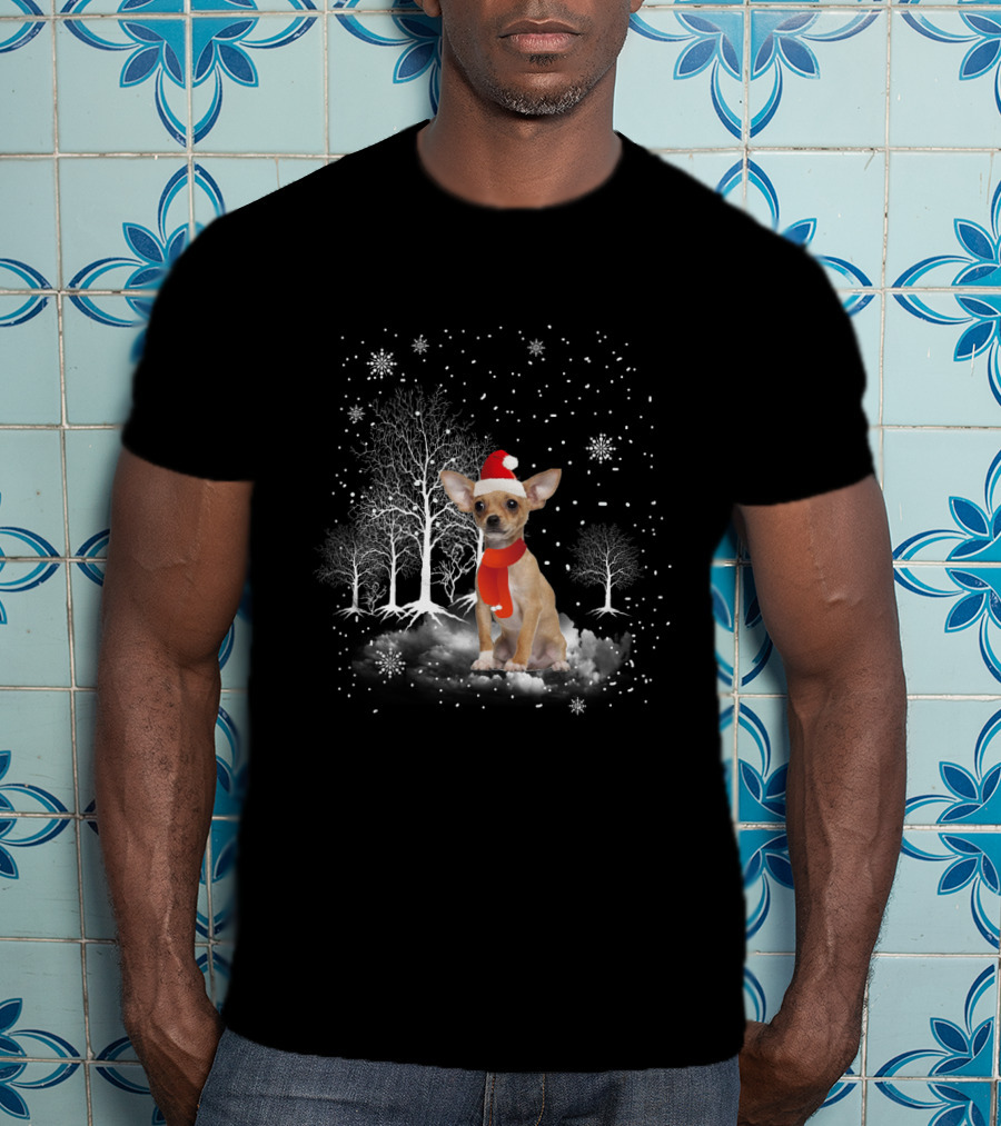 Chihuahua In Santa Hat With Snowflakes And Trees In Winter Wonderland T-Shirt