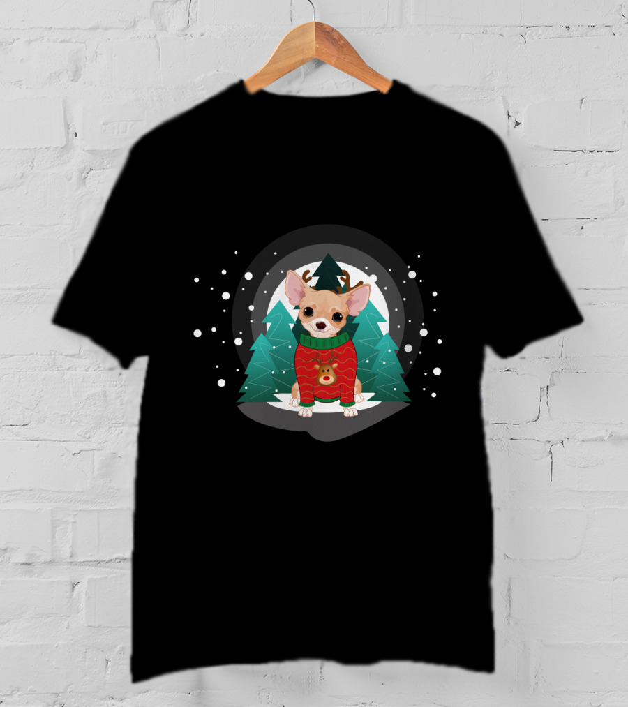 Chihuahua Terrier Wearing Christmas Sweater Snowflake Forest Scene T-Shirt