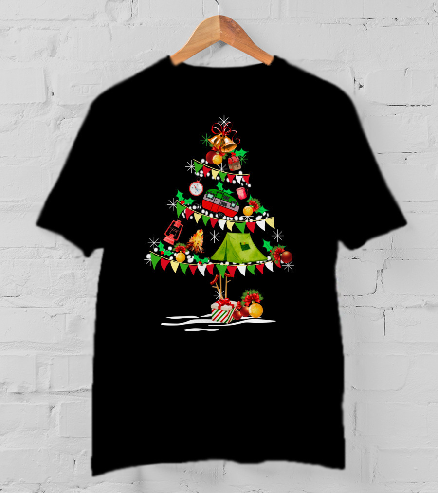 Christmas Tree Decorated With Camper Van, Tent, Bells, Ornaments, Lantern, Pinecones, Wrapped Gifts, And Campfire T-Shirt