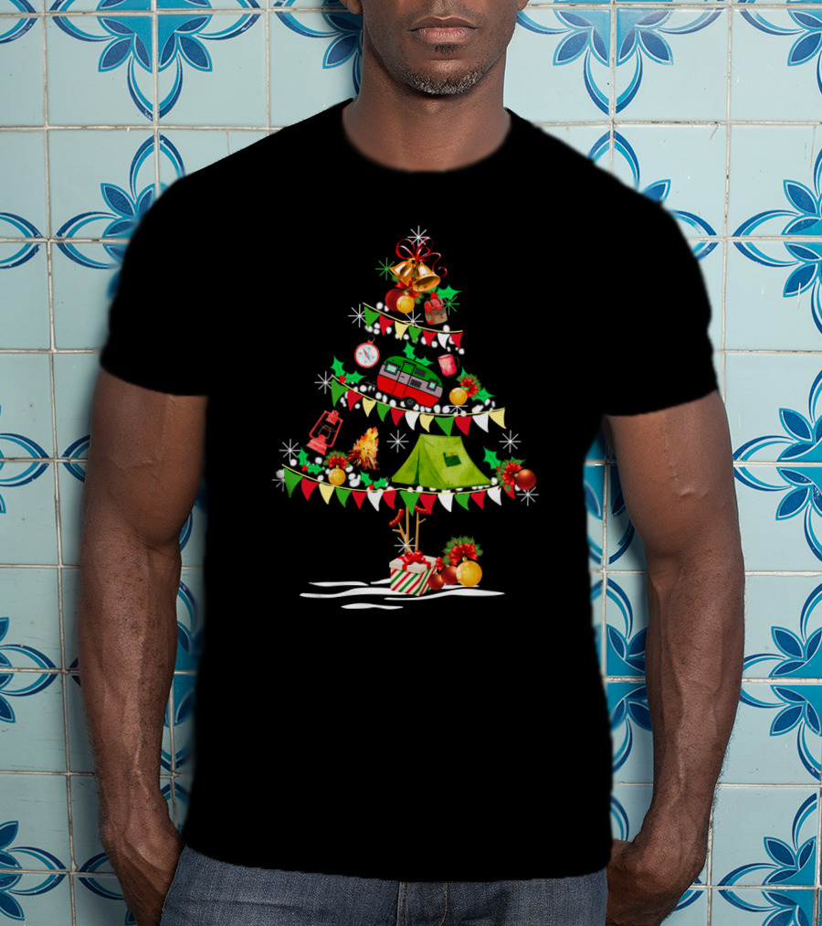 Christmas Tree Decorated With Camper Van, Tent, Bells, Ornaments, Lantern, Pinecones, Wrapped Gifts, And Campfire T-Shirt