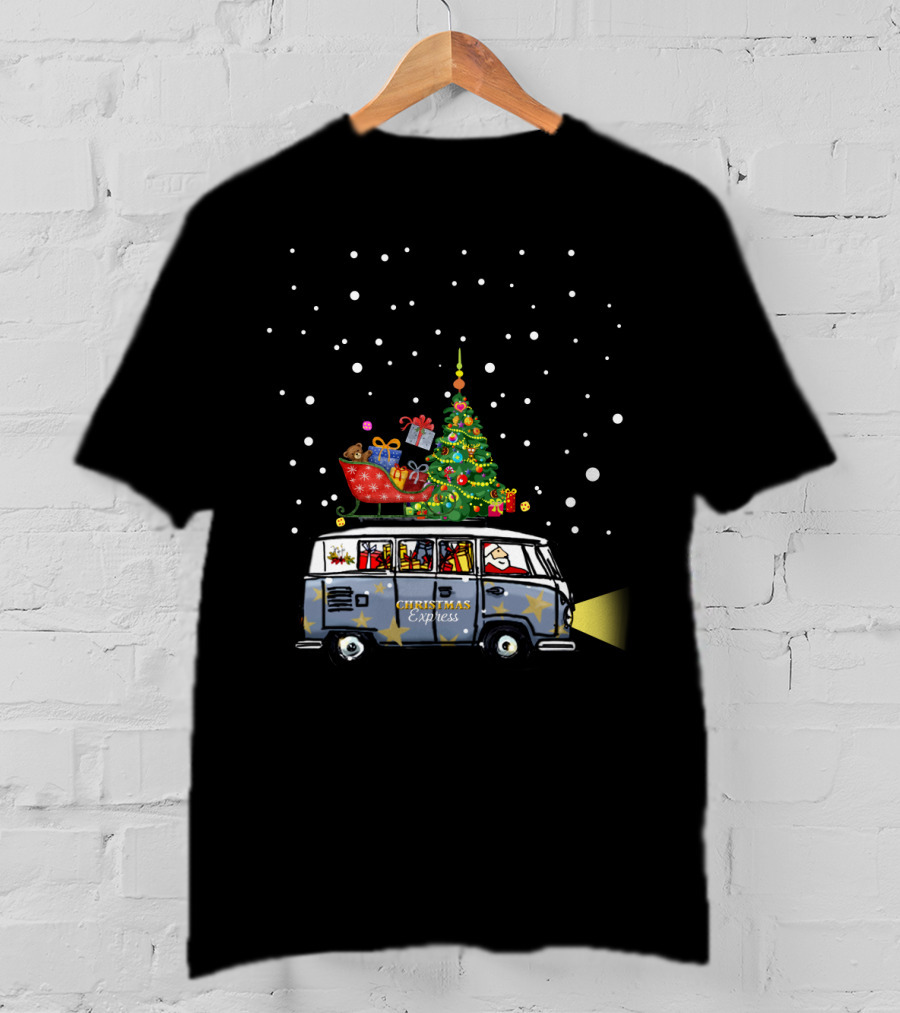 Christmas Express Van With Christmas Tree And Santa In Snowy Scene T-Shirt
