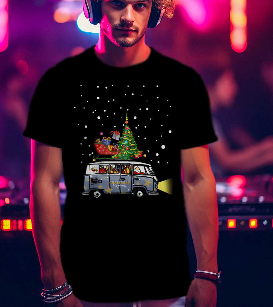 Christmas Express Van With Christmas Tree And Santa In Snowy Scene T-Shirt