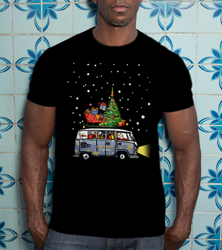 Christmas Express Van With Christmas Tree And Santa In Snowy Scene T-Shirt