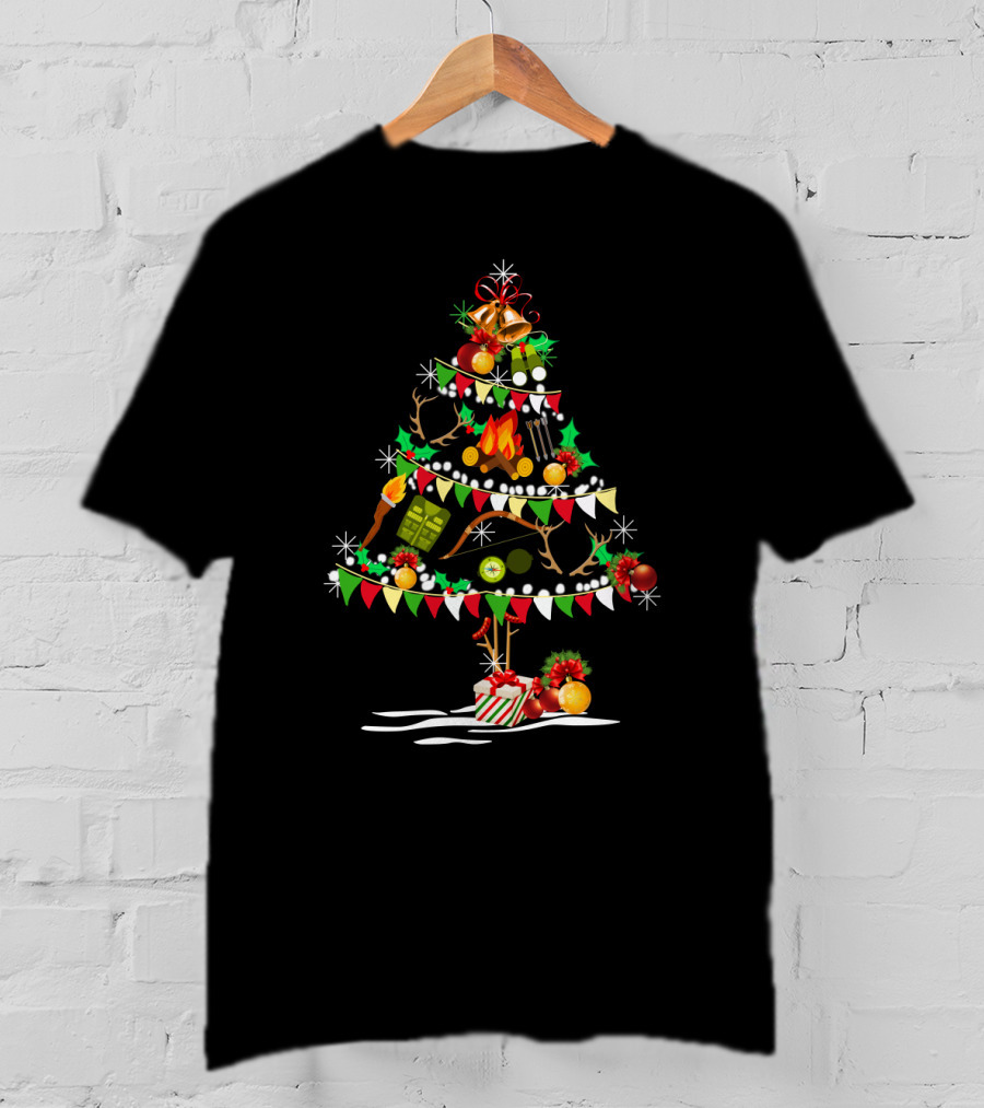 Holiday Deer Christmas Tree With Hunting Gear Ornaments And Festive Decorations T-Shirt