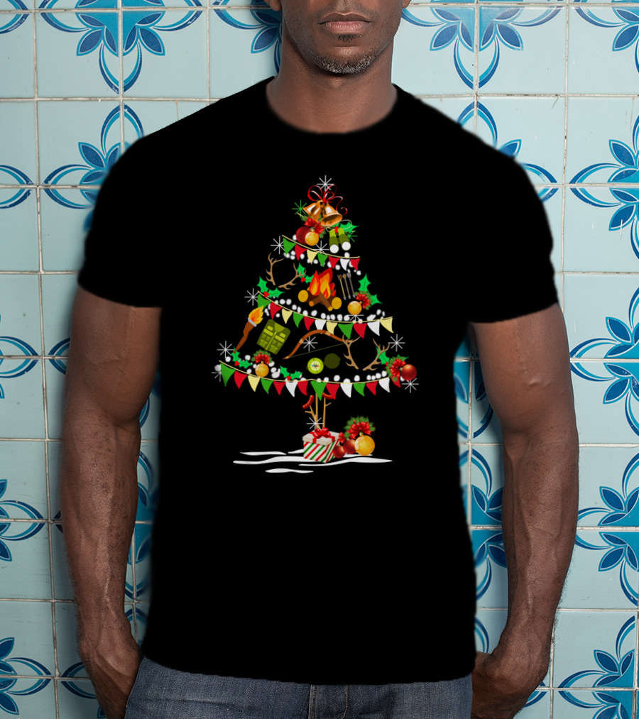 Holiday Deer Christmas Tree With Hunting Gear Ornaments And Festive Decorations T-Shirt