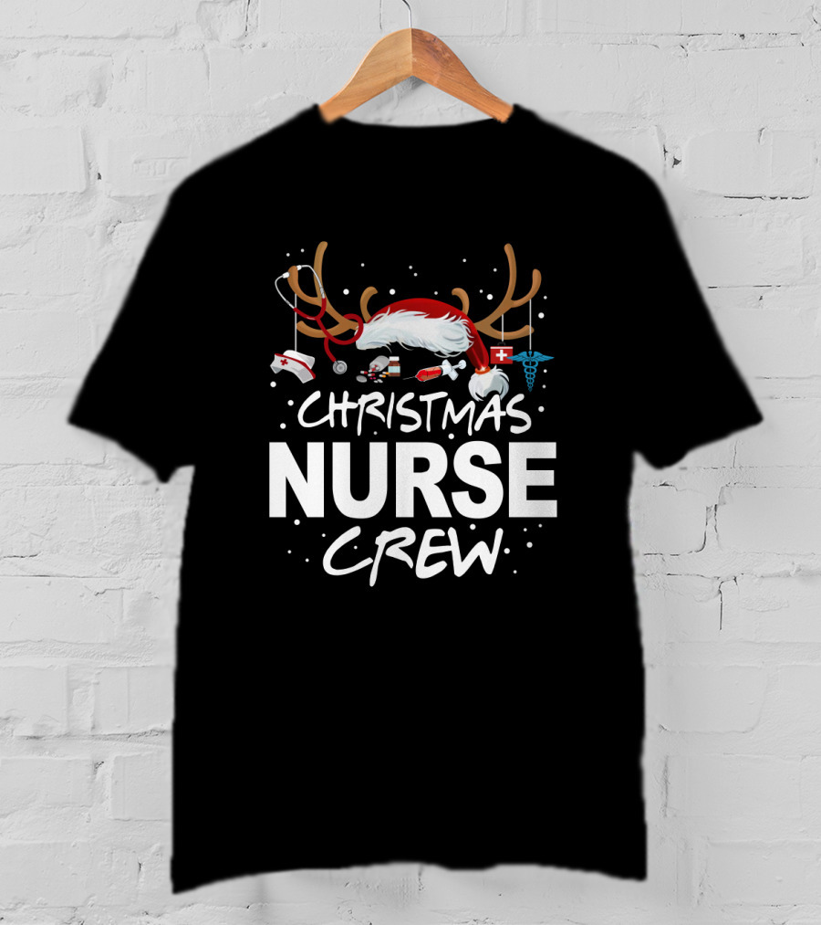 Christmas Nurse Crew With Santa Hat, Stethoscope, And Medical Icons T-Shirt