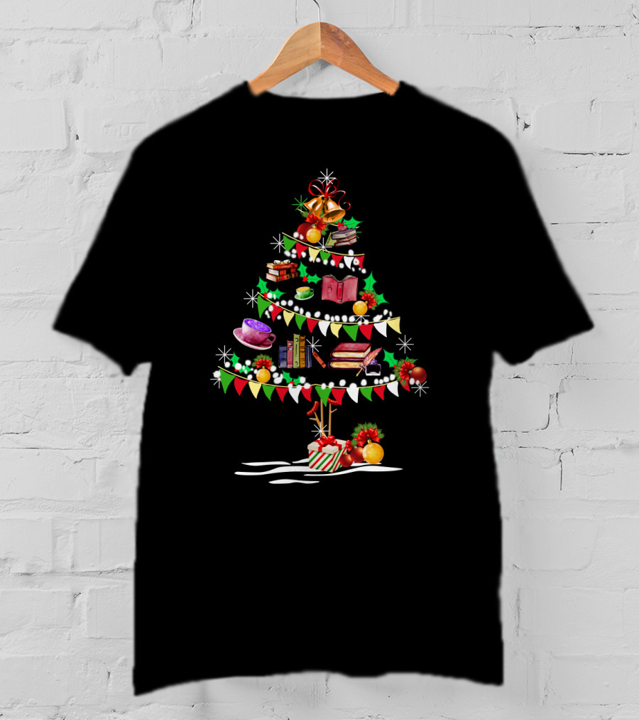 Christmas Tree Made Of Books And Holiday Decorations T-Shirt