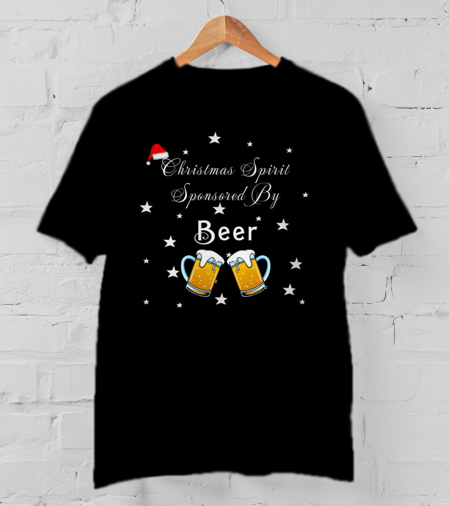 Christmas Spirit Sponsored By Beer With Santa Hat And Star Motif Featuring Beer Mugs T-Shirt