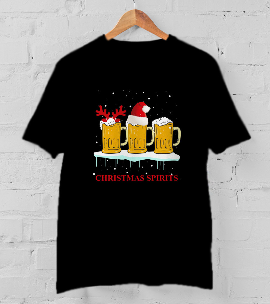 Christmas Spirits Beer Festive Mug Trio With Santa Hat And Reindeer Antlers T-Shirt
