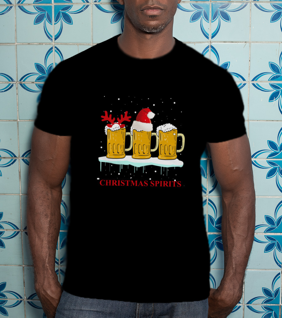 Christmas Spirits Beer Festive Mug Trio With Santa Hat And Reindeer Antlers T-Shirt