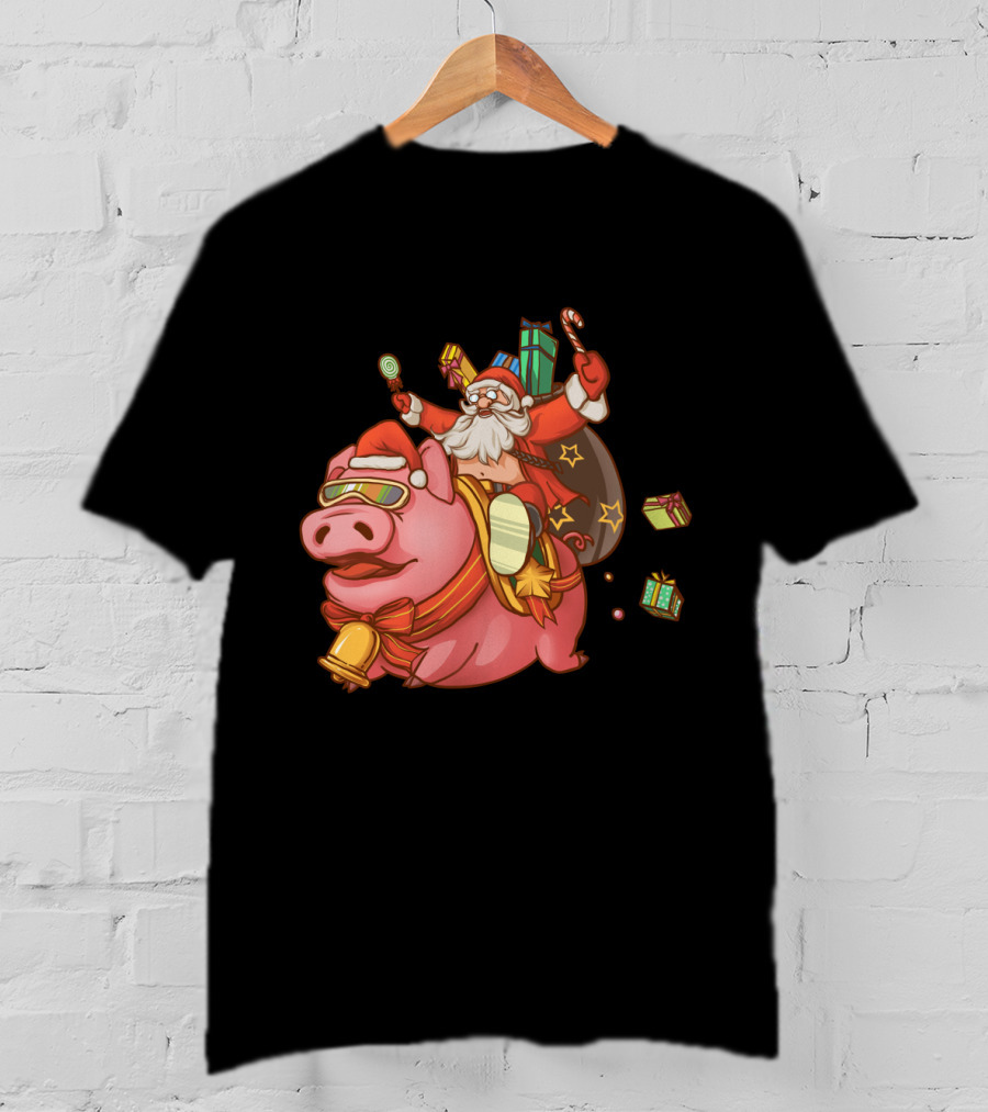 Santa Claus Riding Pig With Candy Canes And Christmas Gifts T-Shirt