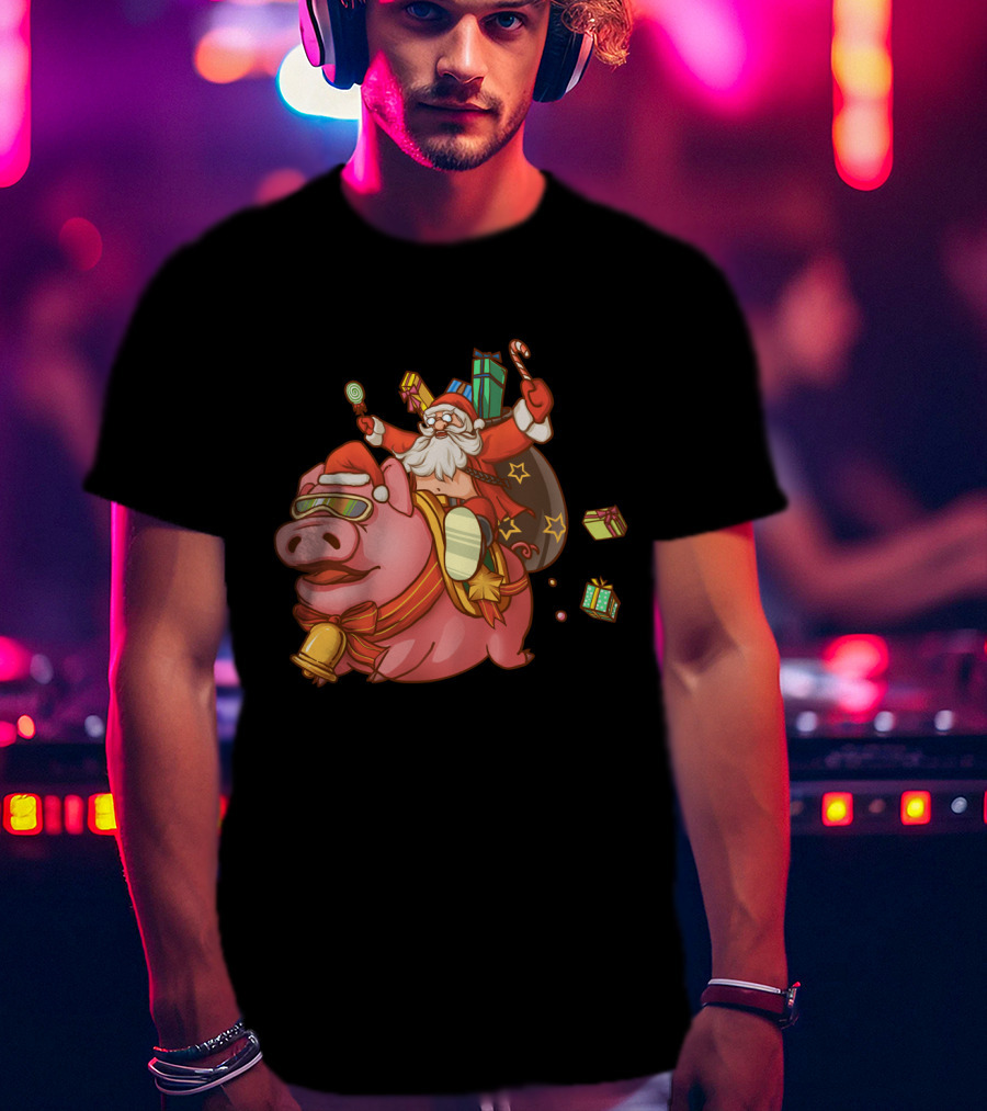 Santa Claus Riding Pig With Candy Canes And Christmas Gifts T-Shirt