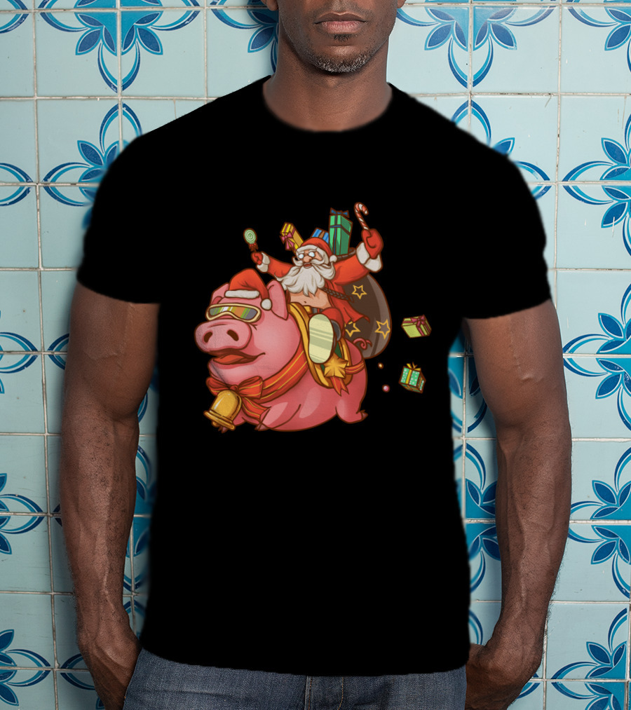 Santa Claus Riding Pig With Candy Canes And Christmas Gifts T-Shirt