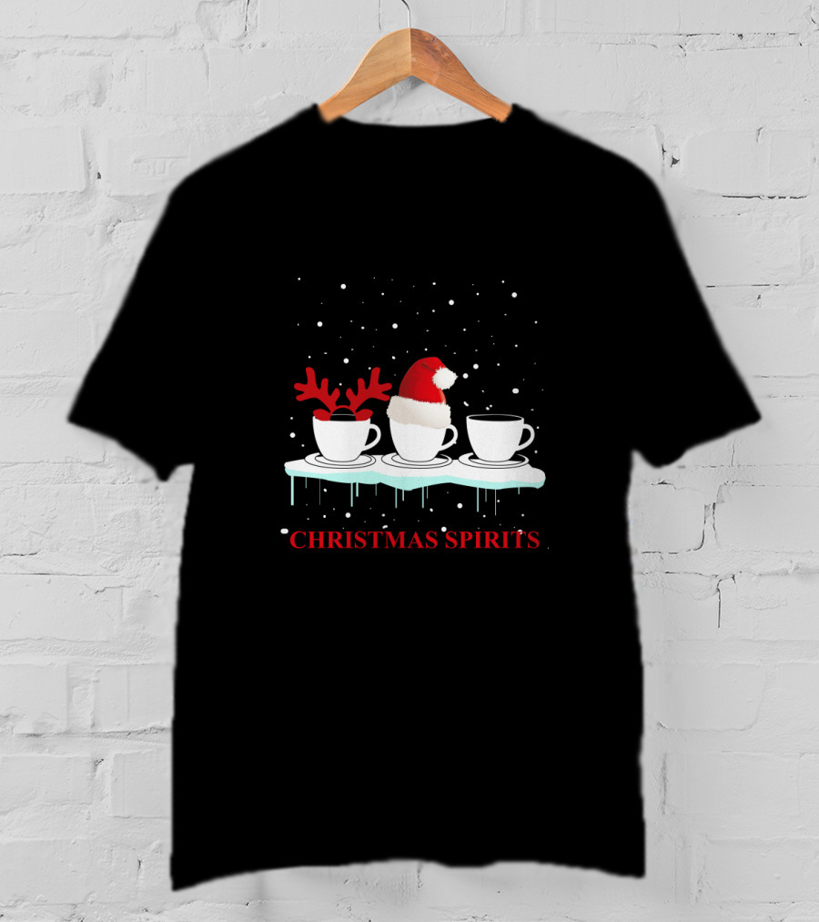 Christmas Spirits Coffee Cups Reindeer Antlers Santa Hat Snowflakes T-Shirt
