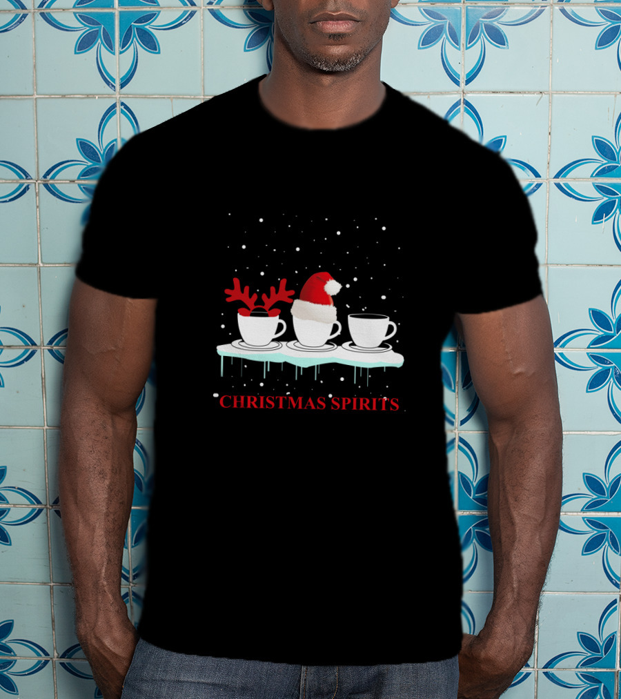 Christmas Spirits Coffee Cups Reindeer Antlers Santa Hat Snowflakes T-Shirt