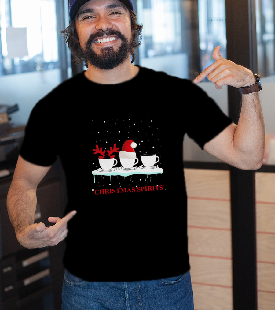 Christmas Spirits Coffee Cups Reindeer Antlers Santa Hat Snowflakes T-Shirt