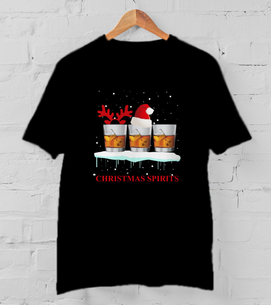 Christmas Spirits Whisky Glasses With Santa Hat And Reindeer Antlers T-Shirt