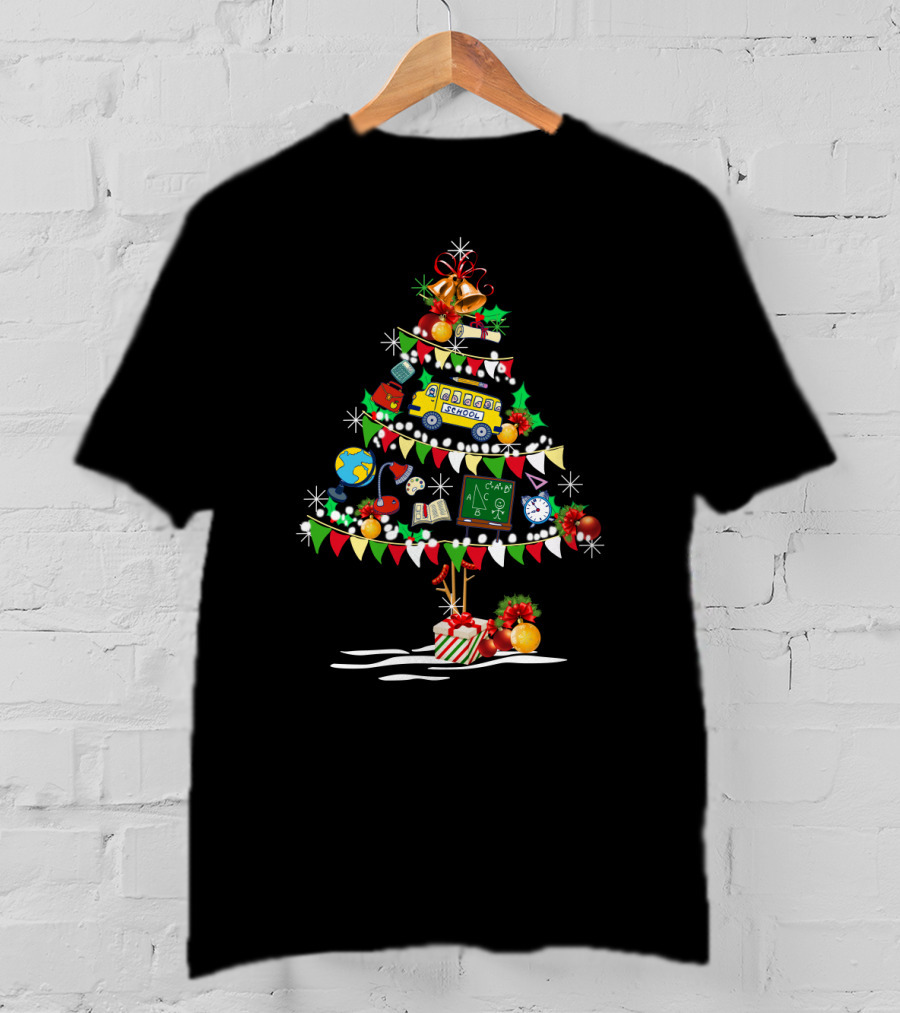 Christmas School Tree With Classroom Icons And Holiday Decorations T-Shirt
