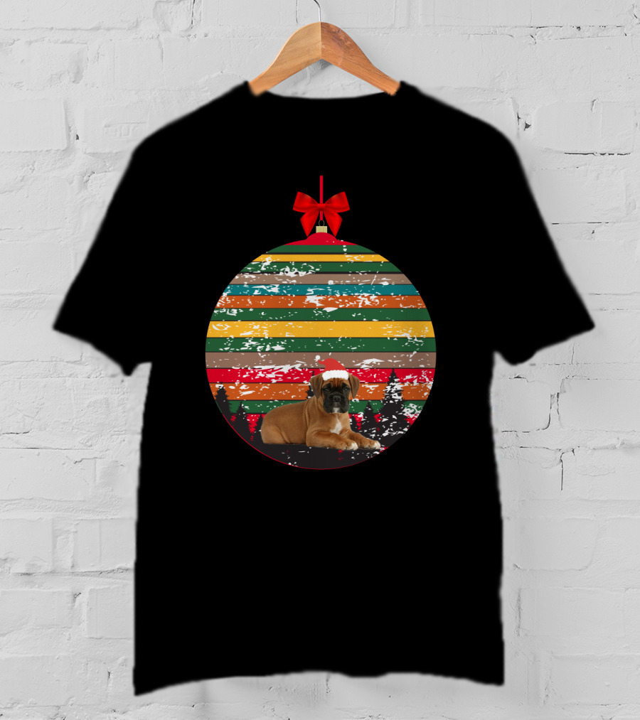 Christmas Vintage Boxer Puppy In Santa Hat Ornament With Stripes And Trees T-Shirt