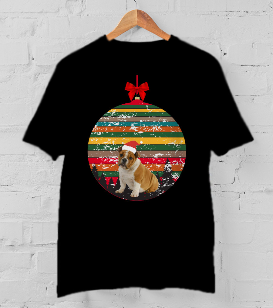 Vintage Christmas Bulldog Ornament Striped Santa Hat Forest Scene T-Shirt