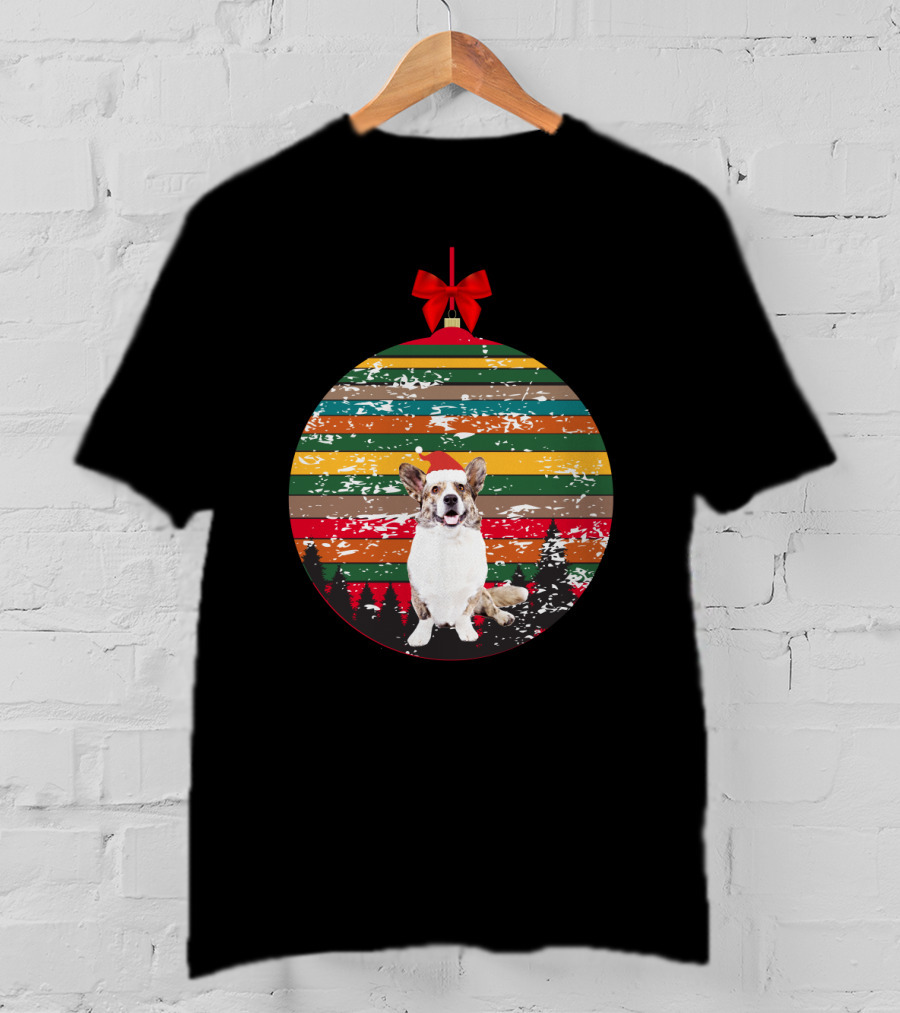 Christmas Corgi Ornament With Vintage Stripes And Festive Red Bow T-Shirt