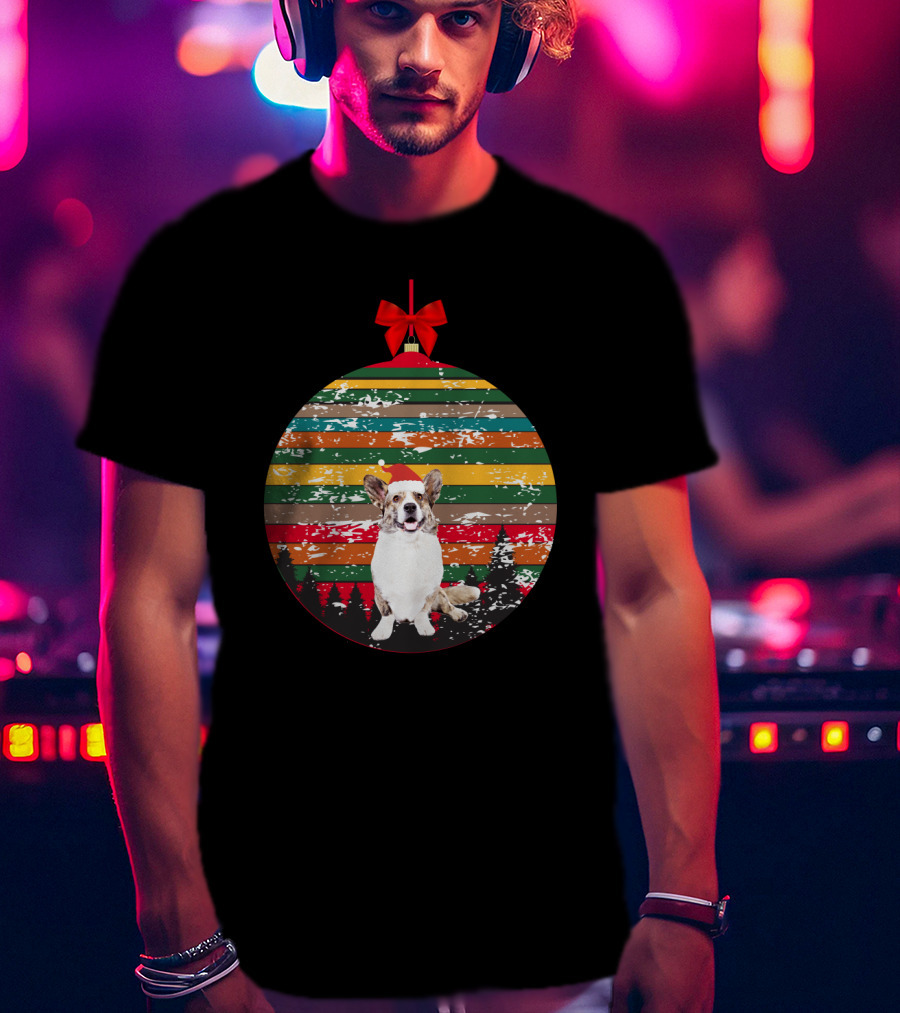 Christmas Corgi Ornament With Vintage Stripes And Festive Red Bow T-Shirt
