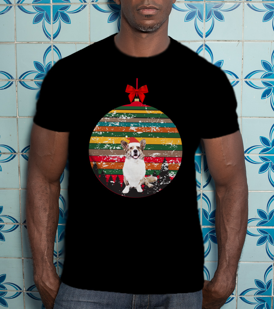 Christmas Corgi Ornament With Vintage Stripes And Festive Red Bow T-Shirt
