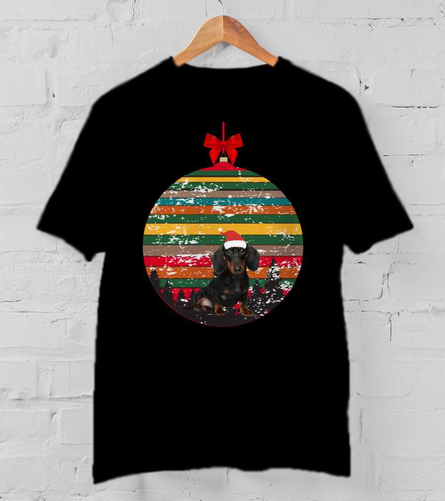 Christmas Dachshund In Vintage Festive Ornament With Santa Hat And Striped T-Shirt