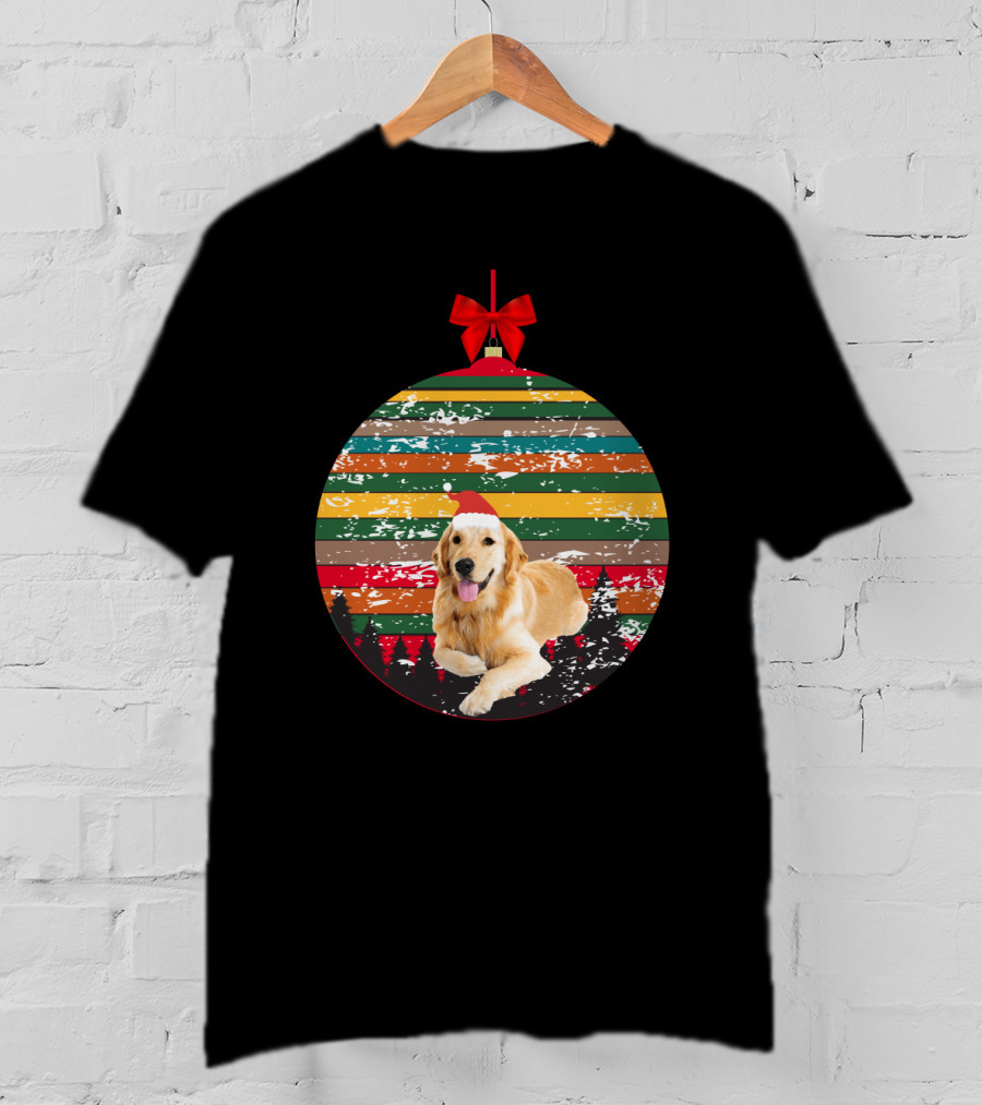 Christmas Vintage Golden Retriever Ornament With Santa Hat And Colorful Stripes T-Shirt
