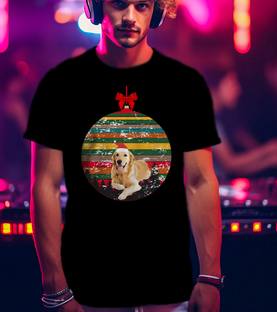 Christmas Vintage Golden Retriever Ornament With Santa Hat And Colorful Stripes T-Shirt