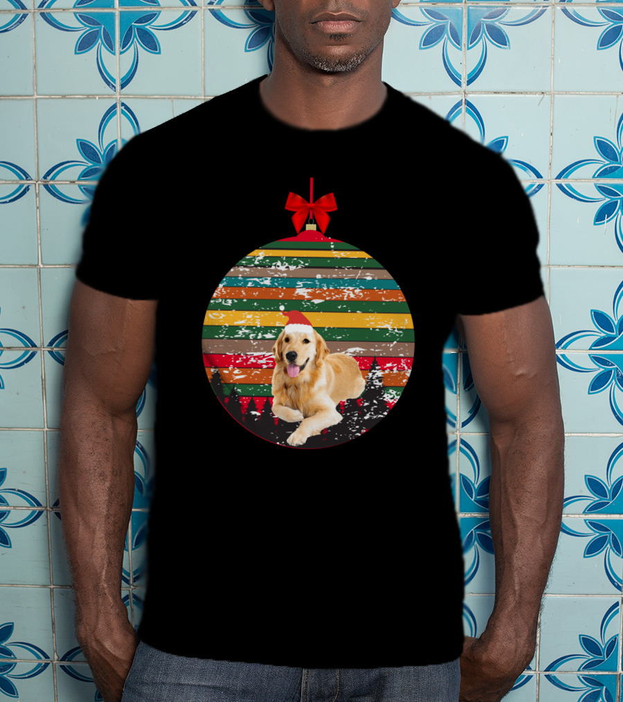 Christmas Vintage Golden Retriever Ornament With Santa Hat And Colorful Stripes T-Shirt
