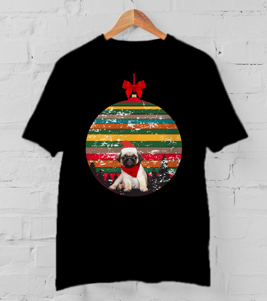 Festive Christmas Ornament With Vintage Pug And Striped Santa Hat And Scarf T-Shirt