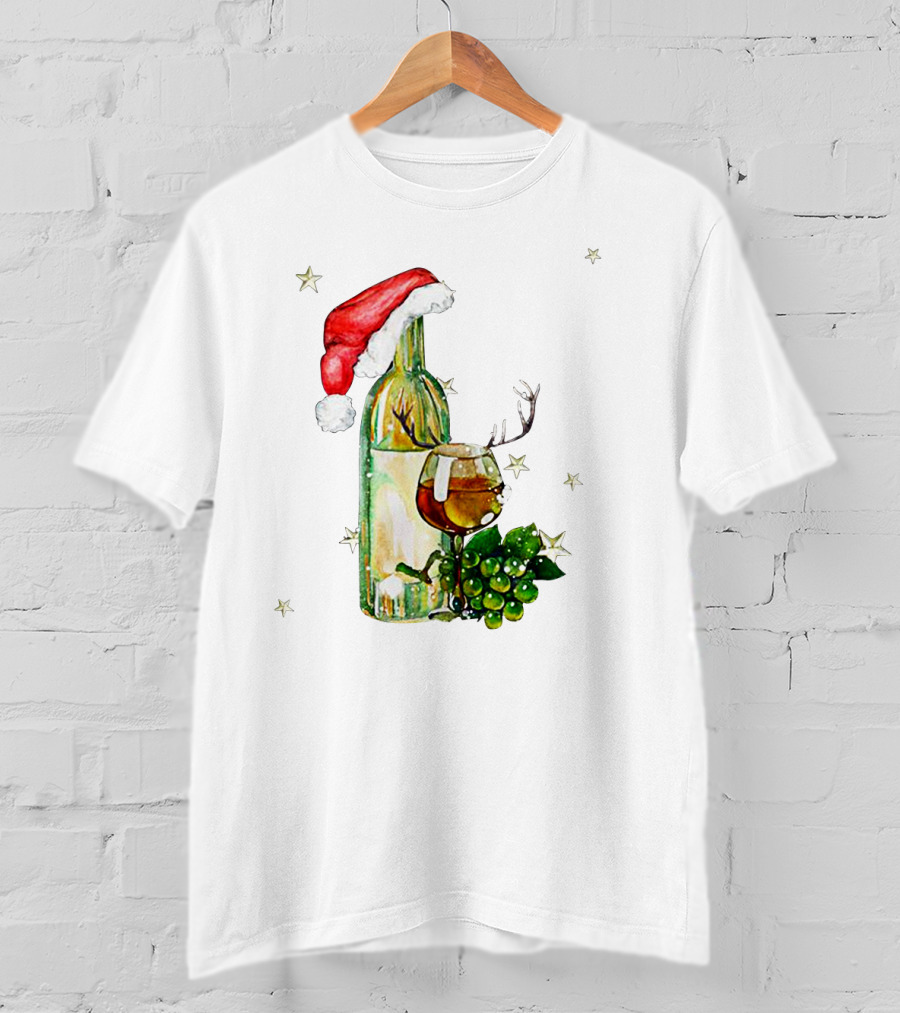Santa Hat Wine Bottle With Antler Glass Christmas Grapes And Stars T-Shirt