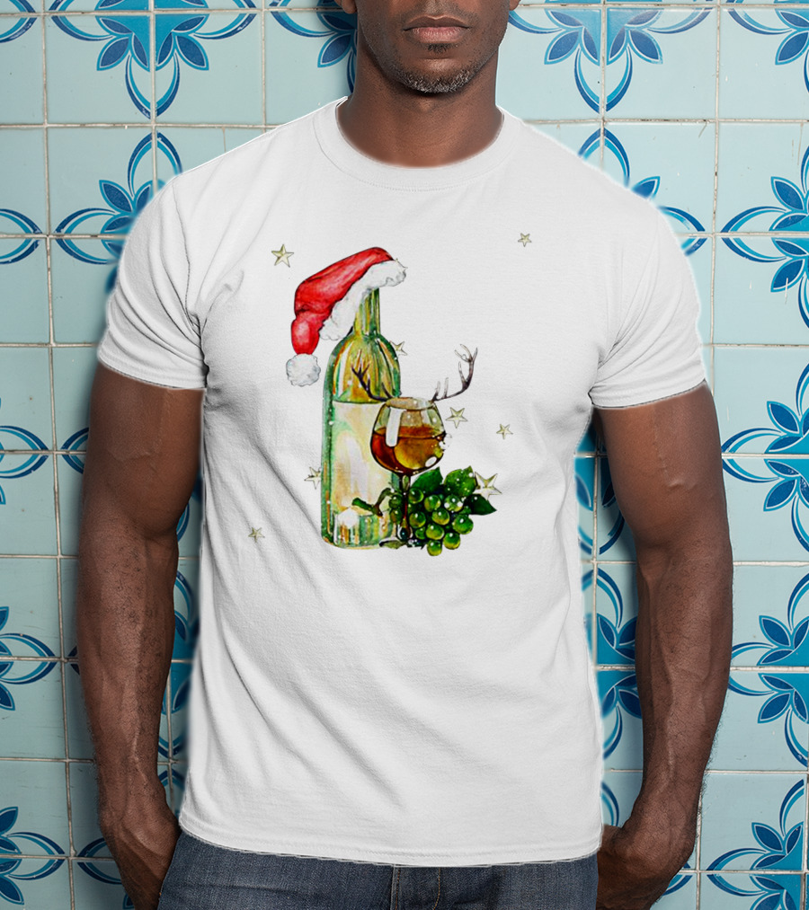 Santa Hat Wine Bottle With Antler Glass Christmas Grapes And Stars T-Shirt